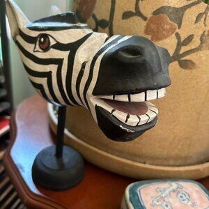 Rare Unique, vintage 90s hand-carved zebra head sculpture made Indonesia 8 inchx